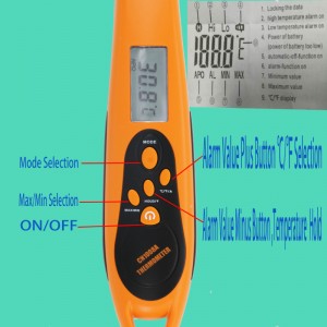 Spætform Høj / lav temperatur Alarm Alert Højpresterende Safty Aseptisk madtermometer med foldet sonde