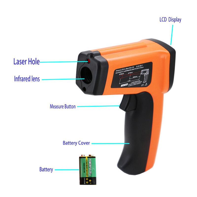 Lasertemperatur pistolkontakt Infrarødt termometer Pyrometer -50 ~ 1600 Emissivitet Justerbar